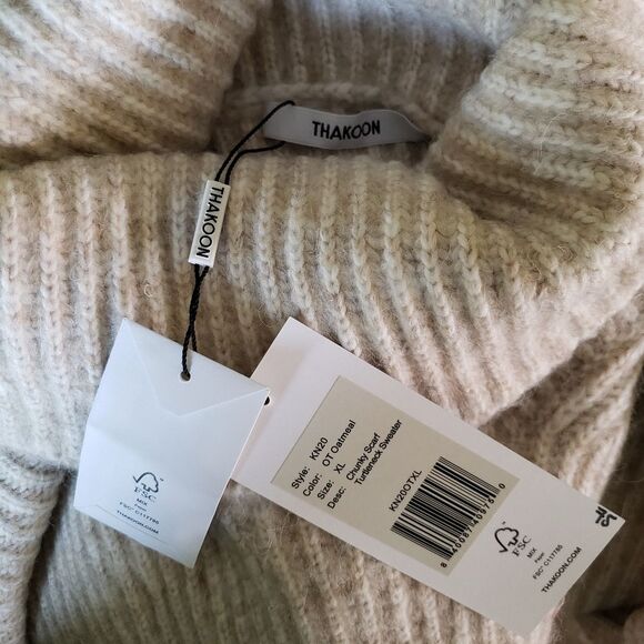 Thakoon Chunky Scarf Ribbed Knit Turtleneck Sweater Oatmeal Tan Size XL - Picture 8 of 11